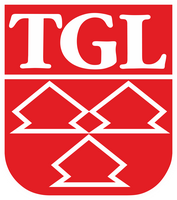 Das rote Logo der Turngemeinde Landshut zeigt die Buchstaben TGL über einem stilisierten geometrischen Muster.