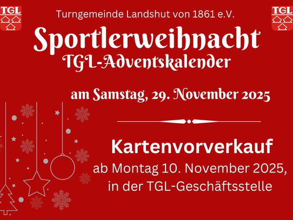 Ankündigung der Sportlerweihnacht der Turngemeinde Landshut mit TGL-Adventskalender und Kartenverkaufstermin.