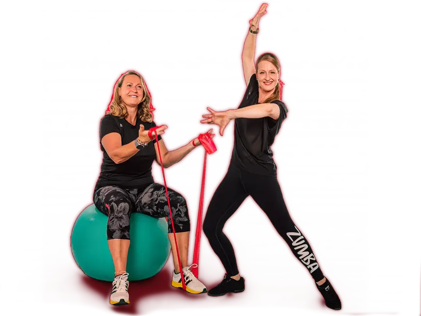 Zwei Personen in roter Sportkleidung trainieren mit Fitnessgeräten im Turngemeinde Landshut Verein.