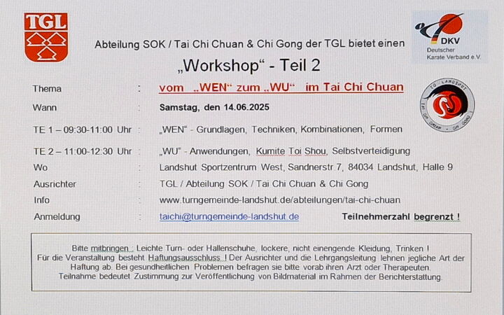 Das Bild zeigt eine Ankündigung für einen Tai Chi Chuan Workshop der Turngemeinde Landshut am 14. Juni 2025.