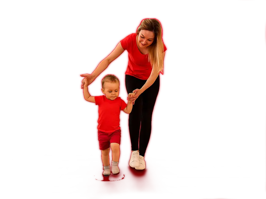 Eine Mutter hilft ihrem Kind beim Gehen, beide tragen rote Kleidung, was an einen Sportkurs der Turngemeinde erinnert.